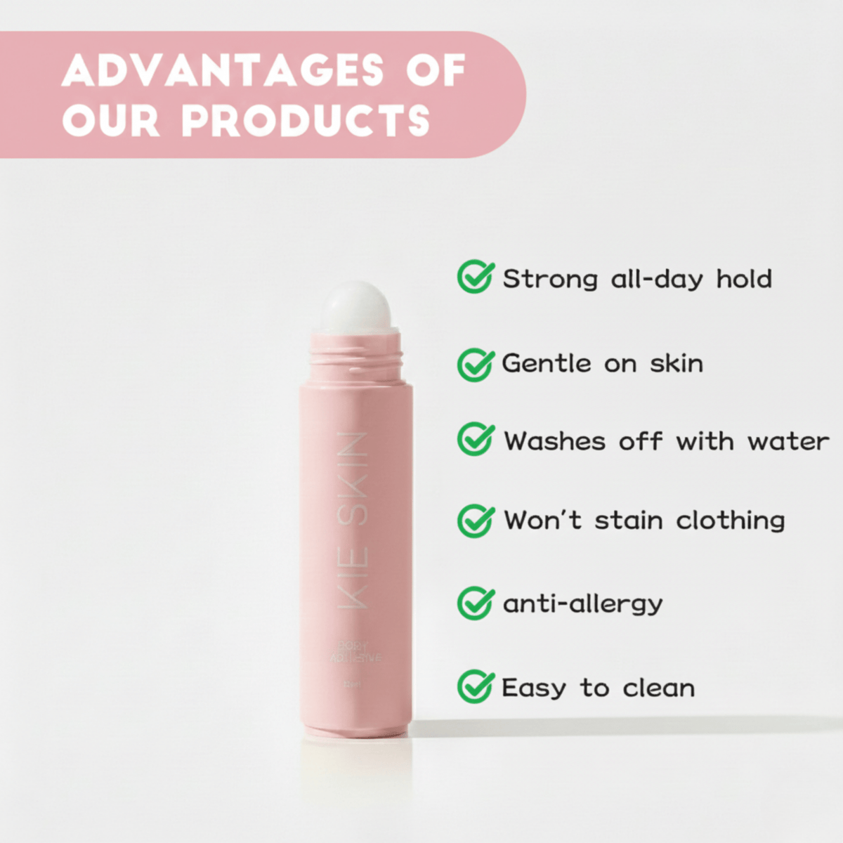 Kie Skin Body Adhesive benefits: strong all-day hold, gentle on skin, washes off with water, won't stain clothing