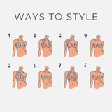 Illustrated guide showing eight ways to style Kie Skin body tape for lift, strapless and backless outfits